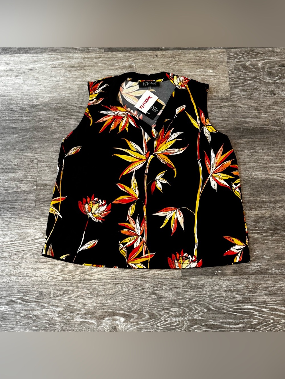 Kasper Black Floral Sleeveless V-Neck Tank with Red and Yellow Accents